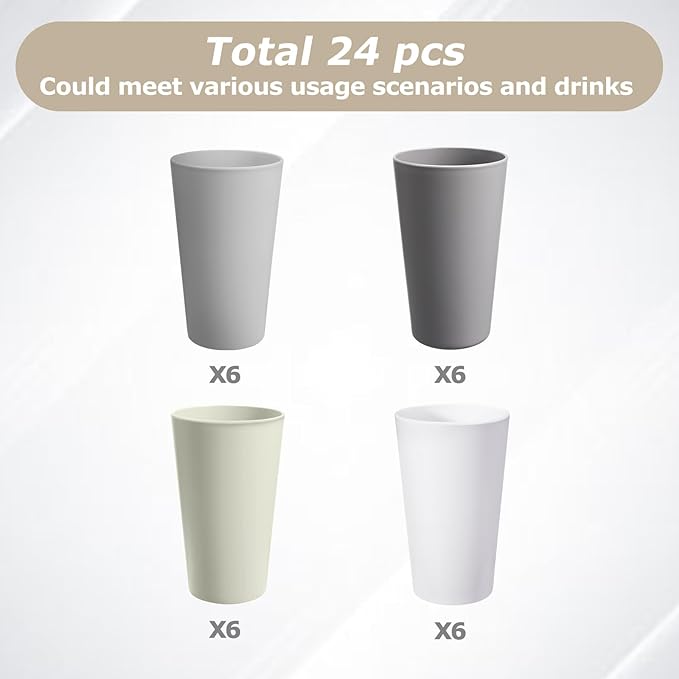 24 Pcs Unbreakable Plastic Cups Set, 20 oz Reusable Plastic Cups, Stackable Water Tumblers, Drinking Cup for Kitchen, Outdoor, BPA-free, Dishwasher Refrigerator and Microwave Safe (20 oz, 4 Colors)