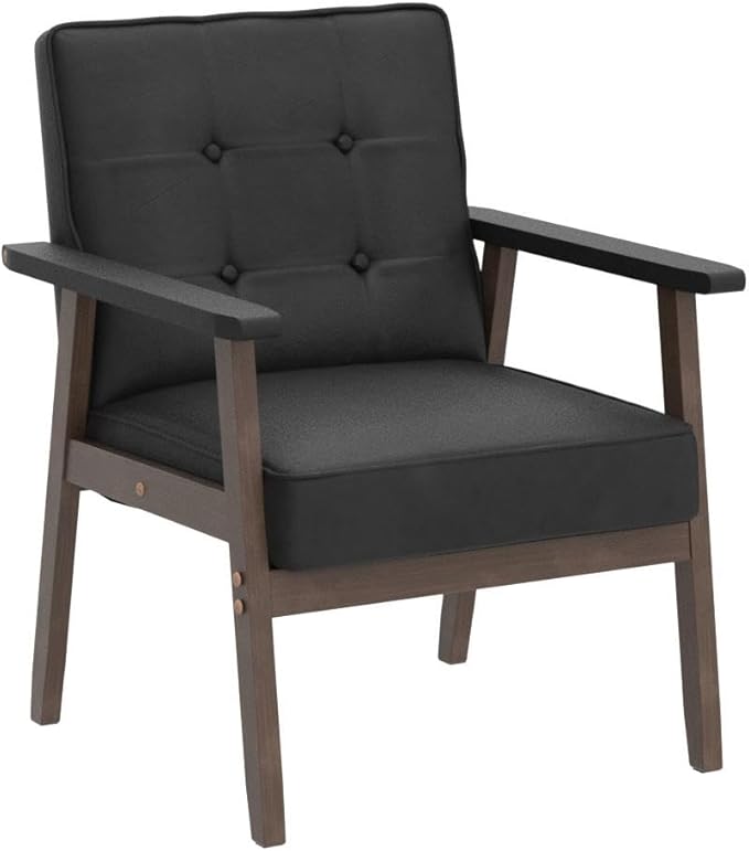 Okeysen Accent Chairs Set of 2, Mid Century Modern Accent Chair, Retro Wood and Leather Armchairs Side Chair, Lounge Reading Comfy Arm Chair for Living Room, Bedroom, Office(Matte Black)