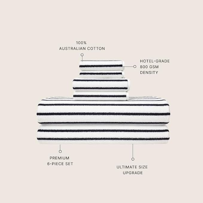 Italic Ultraplush Luxe 6 Piece Towel Set – 2 Bath Sheets, 2 Hand Towels, 2 Washcloths – 800GSM Highly Absorbent & Quick Dry, Resort Grade 100% Australian Cotton Towels, Striped (White & Blue)