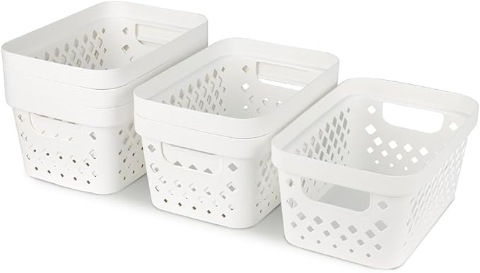 Glad Plastic Baskets for Organizing, Set of 6 | Pantry Storage for Under Counter, Linen Closet, and Bathroom | Nesting Shelf Bins with Handles, 1 Gallon, White