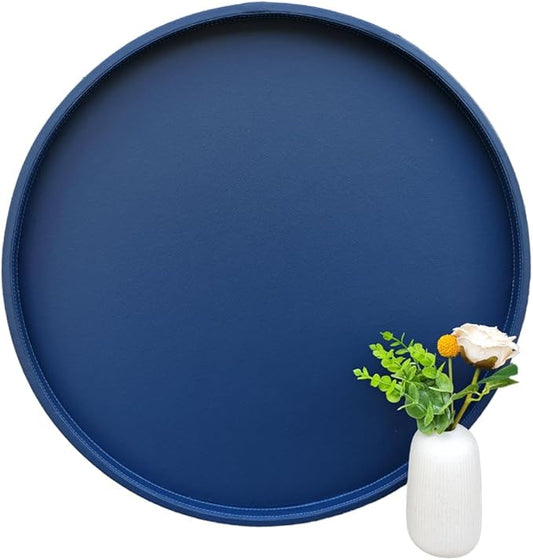 25-inch Round Ottoman Serving Tray - Textured PU Leather Coffee Table Decor, Waterproof Heat-Resistant Large Organizer for Home, Office, Bed & Party Essentials (Navy Blue, 25)