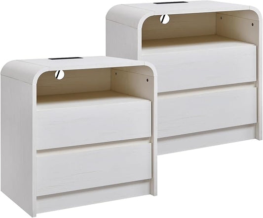 25" Tall Modern Nightstand Set of 2, 23.6'' Wide Wood Bedside Table w/2 Storage Drawers, Charging Station, Mid Century End Table for Bedroom, Living Room,Curved Profile Design, Antique White