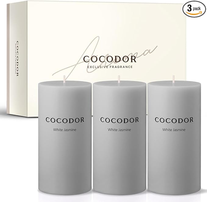 COCODOR Scented Pillar Candles, 3x6 Inch, White Jasmine, Candle Set of 3, Long Buring 85 Hours, Candles for Weddings, Party, Dinner, Home Decor.