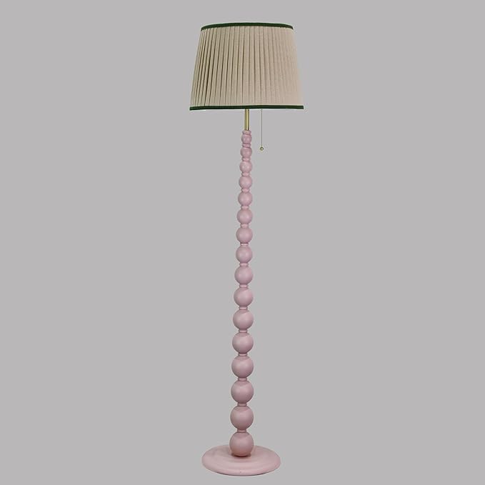 Modern Floor Lamp for Living Room, Farmhouse Floor Lamps, 14X14X59 Inch Pink Wood Base Pull Chain Switch Floor Lamp for Bedrooms and Office (Tapered Pleated Shade)