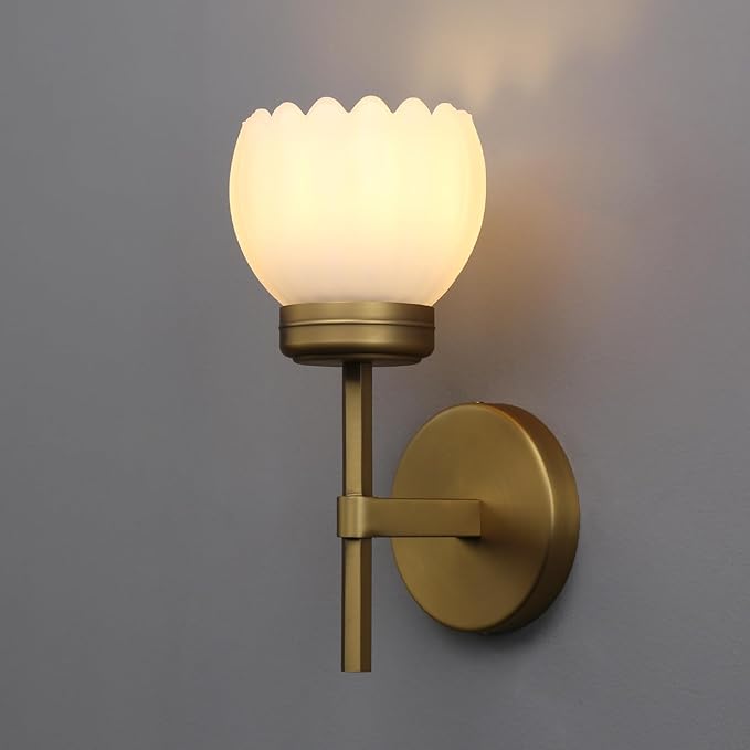 Yosoan Brass Boho Indoor Vintage Wall Sconce Set of 2, Modern Vanity Gold Industrial Hardwired Wall Mounted with Milk Transparent Tulip Flower Shade for Living Room Bedroom Kitchen Hallway(Antique)
