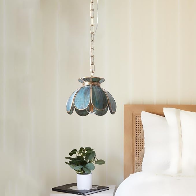 Yifi Mini Lotus Pendant Light Fixture, Vintage Brass Ceiling Pendant Lighting, Lotus Flower Glass Hanging Lamp for Kitchen Island, Dining Room, Living Room, Entryway, Shops, Mixing Blue Green