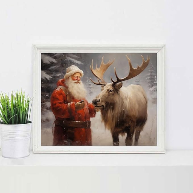 Santa's Reindeer Print, Vintage Christmas Wall Art, Christmas Painting Decor Christmas Art, Santa Claus and Reindeer Xmas Home Decor Trendy Poster Rustic Nordic Decor Winter
