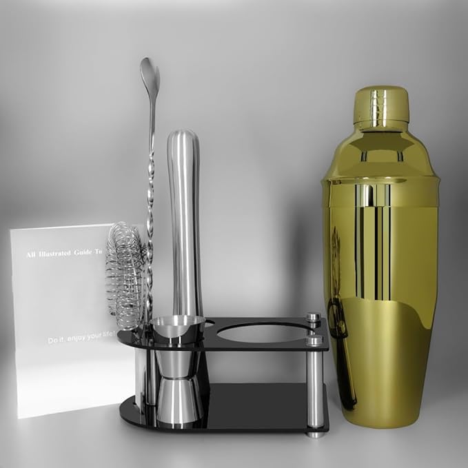 Cocktail Shaker Bartender Kit: 5 Piece Bar Tool Set, Cocktail Shaker Set with Stand, Drink Mixing Includes Martini Shaker,Strainer,Jigger,Bar Mixer Spoon,Muddler (Gold, 750ml(25oz))