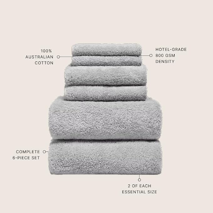 Italic Ultraplush 100% Australian Cotton Towels Standard 6 Piece Set, 2 Bath, 2 Hand, 2 Washcloths, 800GSM Lightweight, Highly Absorbent Quick Dry Soft Resort Grade Towels (Light Gray)