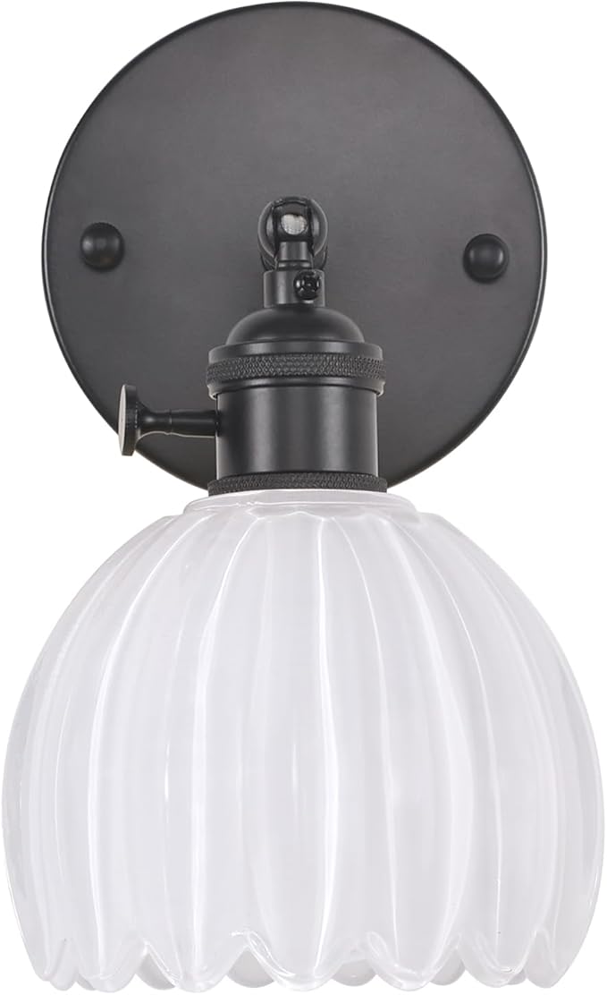 Vintage Wall Sconce with Cute White Tulip Glass Lampshade 180 Degree Adjustable Black Sconce Hradwired Modern Wall Lighting Fixture with Switch for Bedside Bedroom Doorway