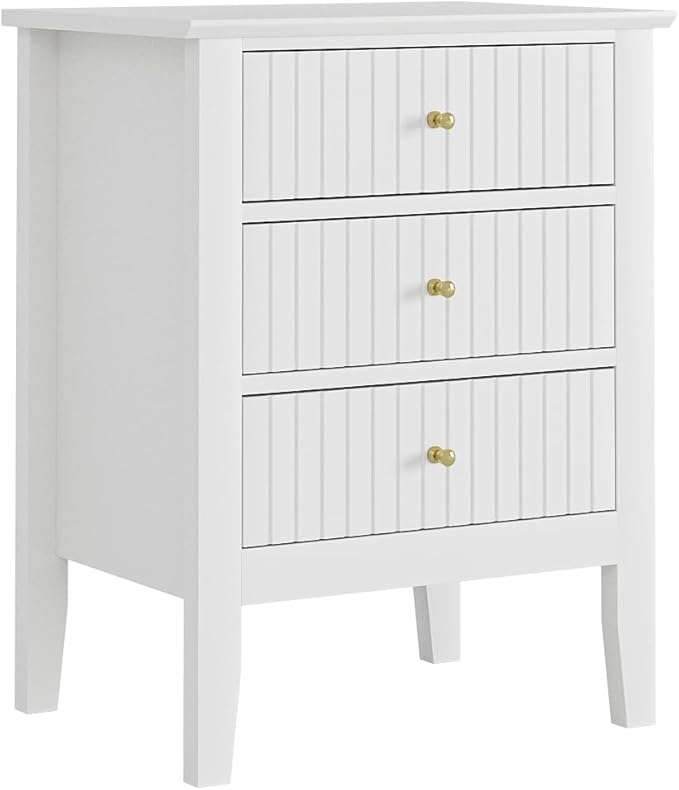 Fluted Nightstand, Farmhouse Night Stand with 3 Drawers, Mid Century Modern Side Accent Table,Bedside End Table for Bedroom, Living Room, White