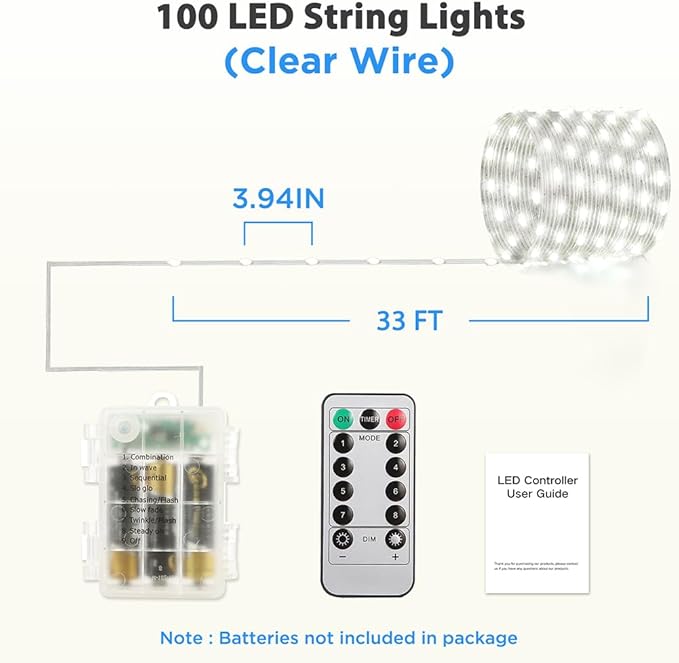 Battery Operated String Lights, 33ft 100 LED Fairy String Lights Battery Powered w/Remote & Timer for Indoor Outdoor Christmas Trees Wreath Decoration Bedroom Patio - Cool White