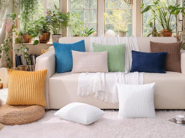 Simmore Decorative Fall Throw Pillow Covers 22x22 Set of 2, Soft Natural Plush Flannel Double-Sided Fluffy Couch Pillow Covers for Sofa Living Room, Beige