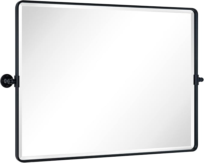 TEHOME Pivot Mirror Matt Black Tilt Bathroom Vanity Mirror Black Metal Framed Rectangle Horizontal Tilting Beveled Vanity Mirrors, Overall 44.12 x 30 inches (Mirrror 40 x 30 inches)