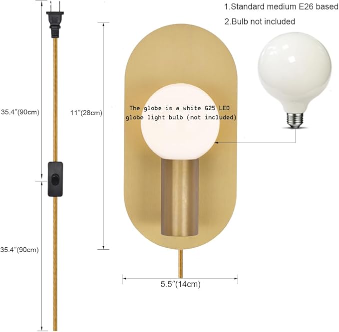 Plug in Wall Sconce Set of 2, Gold Modern Sconces Wall Lighting Cord with On Off Switch, Brushed Wall Mount Light Fixture for Bedroom Living Room Bathroom