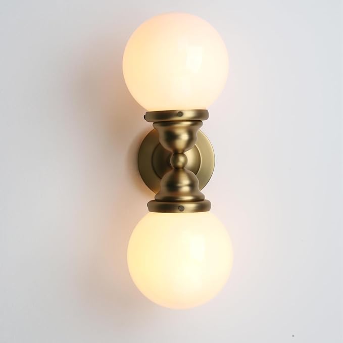 Pathson Milk White Glass Wall Sconces Lighting, 2 Lights Industrial Wall Vanity Light Fixtures Brass Finish, Vintage Wall Sconce Lamp for Bathroom Living Room Bedroom