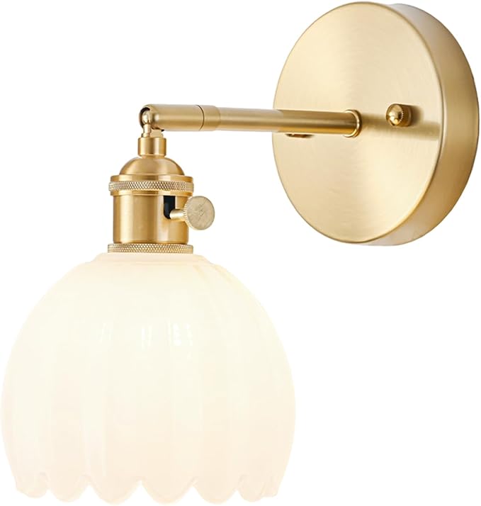 Hardwired Wall Sconce Light, Vintage Wall Sconce with Switch, Gold Wall Light Fixture with Tulip Milk White Glass Lampshade, Indoor Wall Light for Bedroom Bathroom, Bedside Wall Lamp
