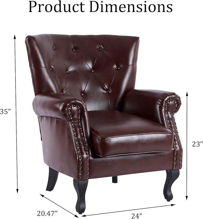 Modern Faux Leather Accent Chair, Upholstered Mid-Century Armchair with Solid Wood Legs, Single Sofa Chair for Living Room, Bedroom, or Reading Room(Reddish Brown)