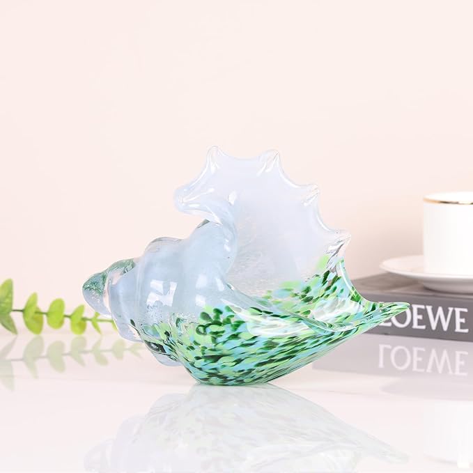 LCCCK Hand Blown Glass Conch Shell Sculpture, Sea Glass Art Figurines, Beachy Room Decor, White and Green Conch Shell Decorative Statues, Sea Shell Coastal Decor for Shelf House Room, Beachy Gifts
