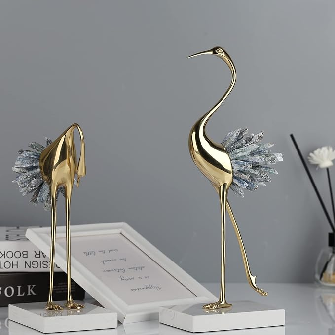 suruim Elegant Gold Crane Bird Statues with Crystal Tail Accents, Set of 3, Decorative Brass Figurines for Home Decor (Blue C)