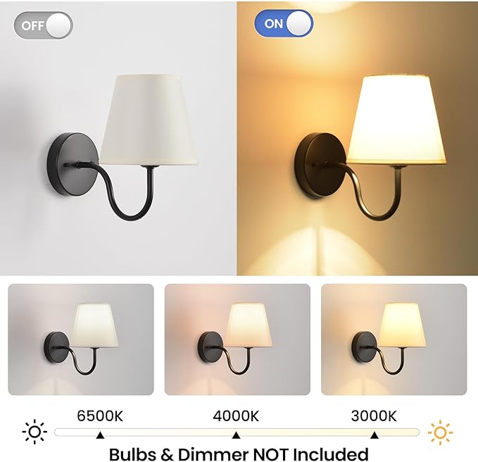 Wall Sconces Sets of 2, Bathroom Vanity Sconces Wall Lighting, Indoor Wall Lights with Light Beige Fabric Shades, Black Wall Mounted Lamps for Bedroom Living Room Hallway Kitchen, Hardwire