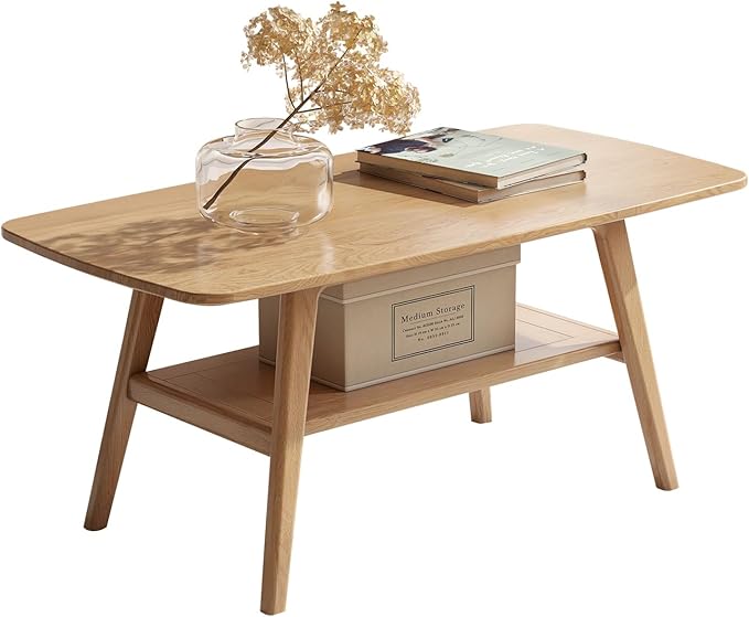 100% Solid Oak Wood Coffee Table for Living Room, 2-Tier Small Coffee Tables with Shelf Storage, Mid Century Modern Table with Rounded Corners (Natural, 39.37“ x 22.05” x 17.32“)