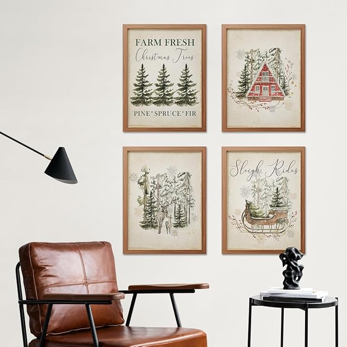 ETVISO Vintage Christmas Wall Art Prints Set of 4, Retro Christmas Trees Poster, Winter Holidays Gift Print Decor for Gallery, Living Room, Bathroom, 12x16 (Unframed)