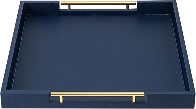 Navy Blue Faux Leather Decorative Tray,Large Square Serving Tray with Handles,coffee table tray for Home decor,Large Ottoman Tray for Living Room,Bathroom, 20 x 20in