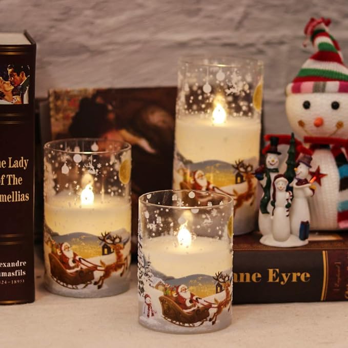 DRomance Santa Claus Glass Flameless Candles Battery Operated Remote and Timer Real Wax LED Flickering Pillar Candles White Cold Light Window Christmas Holiday Decor D3 x H4, 5", 6"