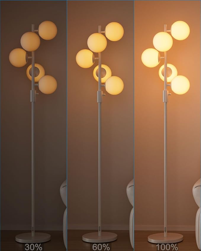 64IN Dimmable White Floor Lamp, Tall Standing Lamps with 5 Globe Soft Warm White Eye Care 3000K G9 Bulbs, Mid Century Modern Floor Lamp for Living Room Bedroom Office
