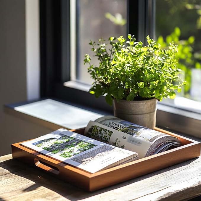 2 Pack Acacia Wood Serving Trays with Handles, 2 Sizes 17x13 & 16x12 inch Portable Ottoman Trays, Rectangular Wooden Tray Set for Food, Home Decor, Coffee Table, Living Room, Kitchen, 17"+16"