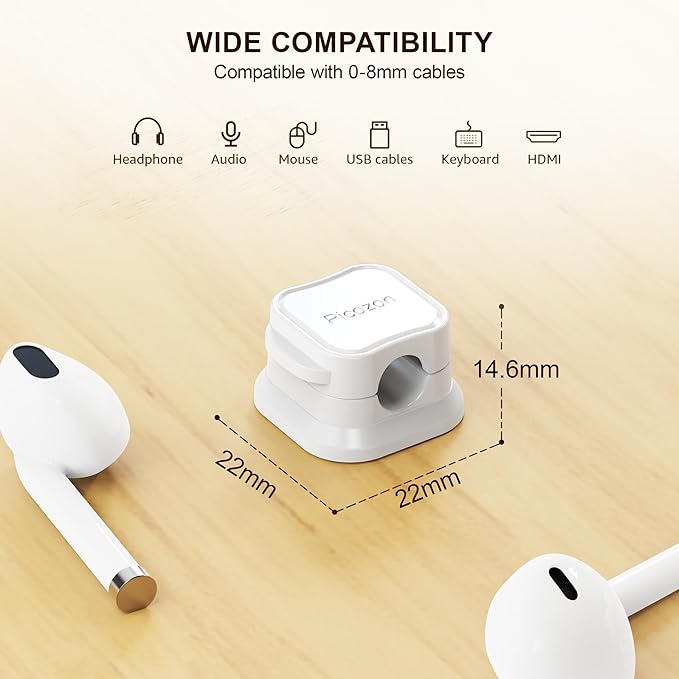 6 Pack Magnetic Cable Clip Organizer Cord Holder, Picozon Adhesive Cable Management, Wire Phone USB Charger Cable Holder, Keeper Organizer for Office Home Desktop Table - White