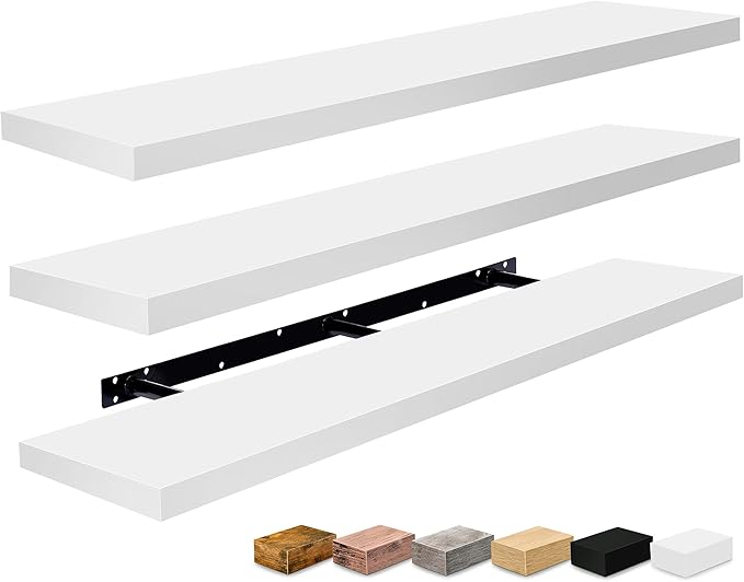 Sorbus Floating Shelves for Wall - 55 Inch Extra-Long Bathroom Shelves, Wall Decor for Bedroom, Kitchen, Living Room, Book Storage - Mounted Floating Shelf with Hidden Brackets (White, 3 Pack)