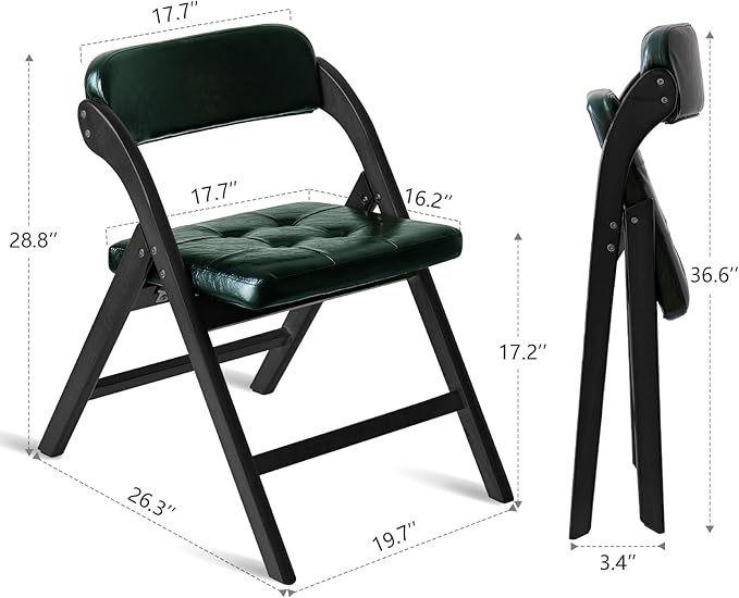 Wood Folding Chairs with Padded Seats, Wooden Folding Chairs Set of 2, Foldable Dining Chair with Cushion, Stackable Extra Chair for Indoor Outside Events, Party, Wedding (Black Green)
