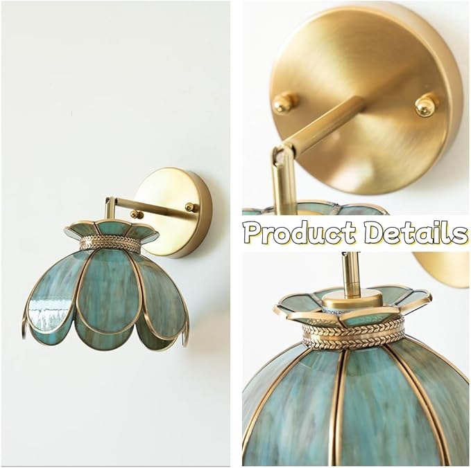 Mini Brass Semi Flush Mount Ceiling Light, Wall or Celing 2-Way Mounted Light Fixture, Vintage Flower for Kitchen Island, Dining Room, Living Room, Vanity Sconces. UL Listed, Blue-green Mixed