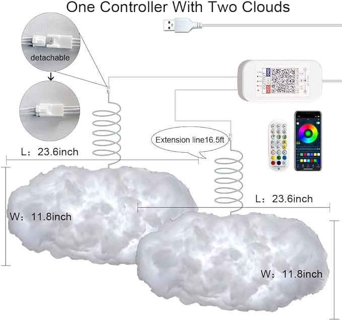 2PCS 3D Big Cloud lightning Light Kit Music Sync Warm Multicolor lightning Changing Strip Lights 360 Degree Wireless Remote APP NO DIY Coolest Decorations for Adults and Kids Indoor Home Bedroom