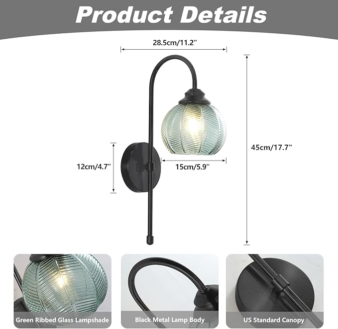 KCO Lighting Vintage Green Glass Wall Sconce Black Globe Sconce Mid Century Modern Long Wall Light Fixture for Living Room Bedroom Bathroom