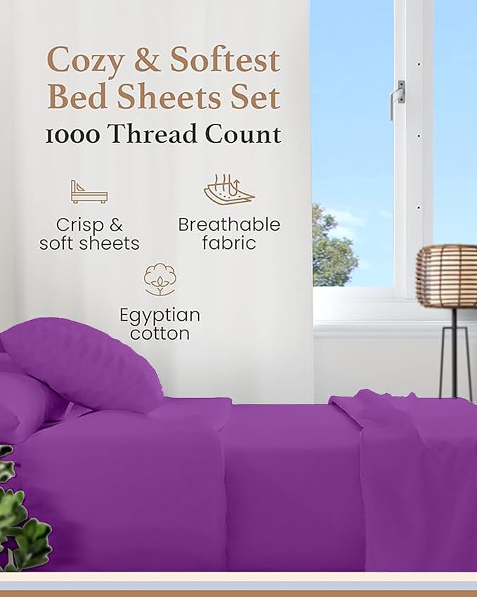 Good Sleep Bedding Cal King Sheet Set - 100% Egyptian Cotton Sheets California King Size, 4Pc, 1000 TC, California King Sheets, Soft, California King Sheet Sets Deep Pocket Fits Upto 16" - Purple