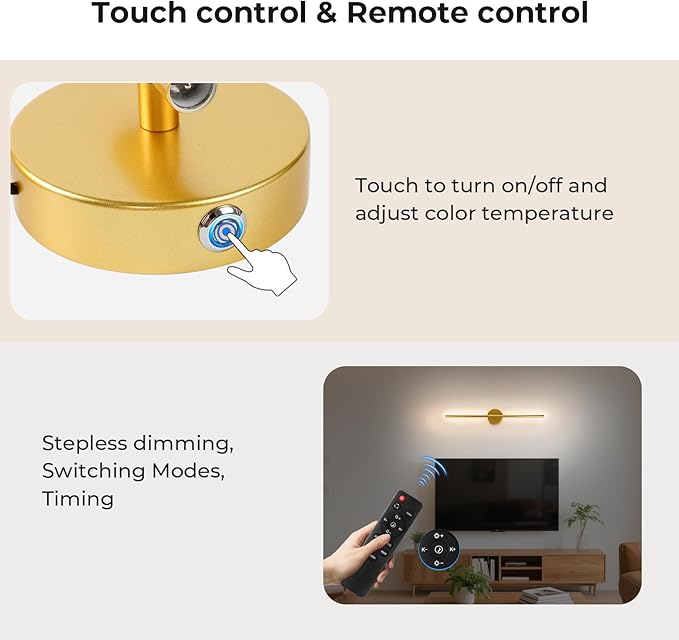 1 Pack Battery Operated Wall Sconce Detachable 360°Rotate, Wireless Wall Light 3000-6500K Dimmable, 10000mAh Rechargeable Wall Lamp for Bedroom, Living Room,28 Inch Gold