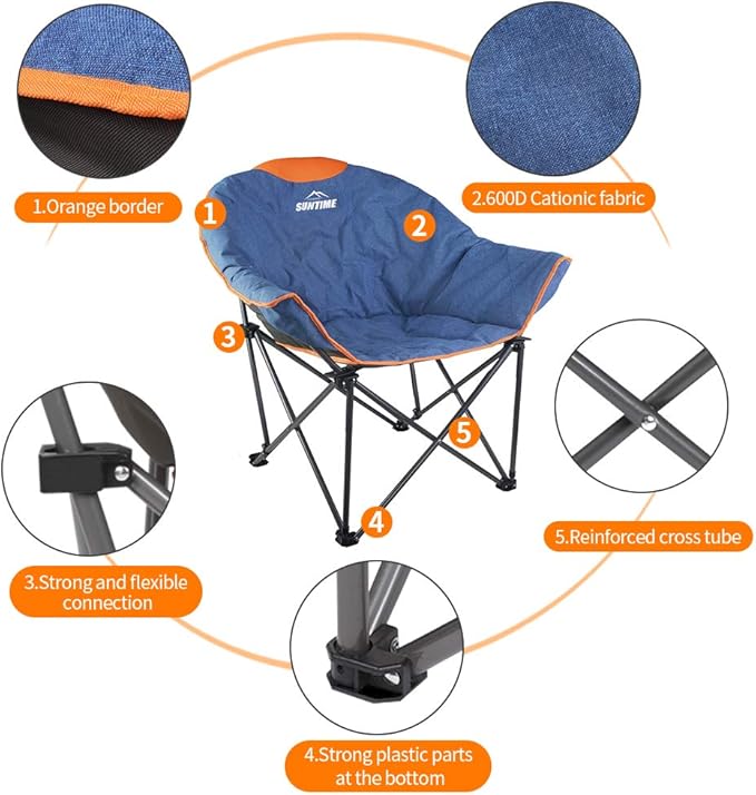 OUTDOOR LIVING SUNTIME Oversized Padded Camping Chair,Portable Comfy Outdoor Folding Moon Round Saucer Chairs for Adults with Holder and Carry Bag, Perfect for Hiking Lawn Patio Sports(Denim 2 Pack)