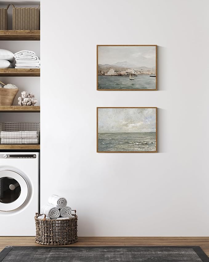 VIYYIEA Ocean Framed Wall Art, Seascape Vintage Art Decor Room Aesthetic, 12x16 Inch Canvas Print Artwork, Calming Landscape Painting Wall Decor for Bedroom Bathroom Office