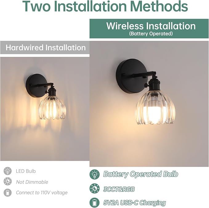 Vintage Battery Operated Wall Sconce with Cute Transparent Tulip Glass Lampshade Wireless Rechargeable Battery Powered Black Wall Light with Remote Control for Bedside Bedroom Doorway