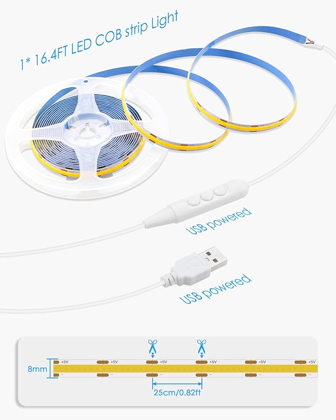 5V COB LED Strip Light for Bedroom 16.4FT USB LED Light Strip Warm White 3000K with Dimmer 320LEDs/M Flexible LED Tape Lights High Density Self -Adhesive for TV Mirror Cabinet DIY Indoor