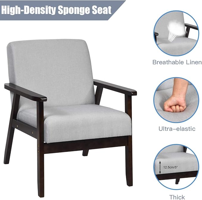 Giantex Mid-Century Modern Accent Chair, Retro Fabric Armchair, Solid Hardwood Made, Upholstered Linen Lounge Arm Chair for Living Room (1, Light Grey)