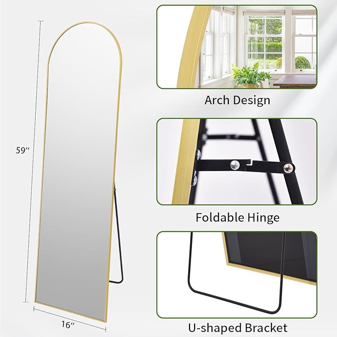BEAUTYPEAK Arch Mirror Full Length, 59"x16" Wall Mirrors, Full Body Floor Mirror Aluminum Alloy Frame, Suitable for Bedroom, Dressing Room, Gold