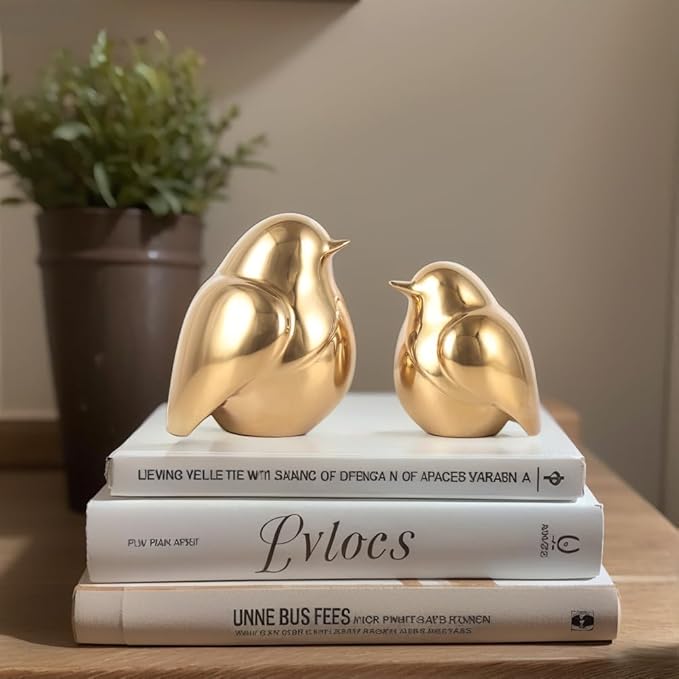 Gold Bird Figurines Set of 2 – Modern Ceramic Birds Sculptures for Shelf Decor, Table Centerpiece, Desk or Mantel Display – Shiny Gold Home Accents for Living Room, Bedroom, Office