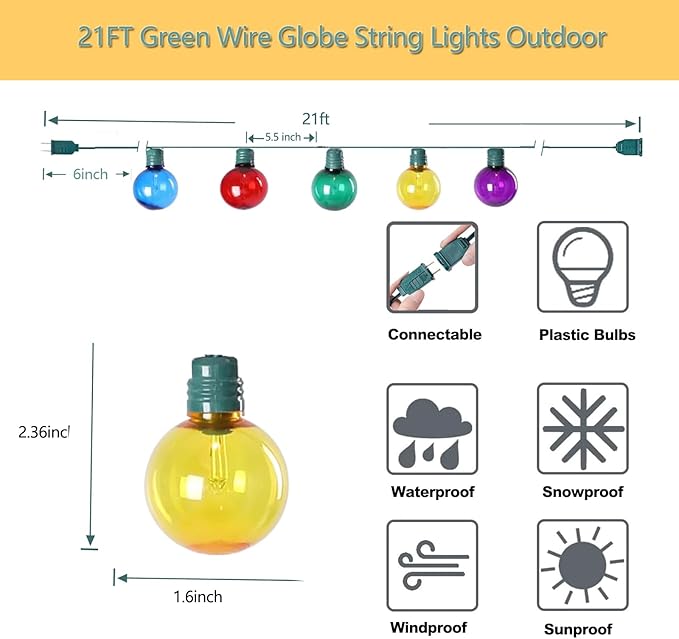 Vigdur Outdoor String Lights 21FT Patio Lights with 35 Shatterproof G40 Plastic Bulbs, Outside Hanging Light Waterproof for Porch Deck Garden Backyard Party