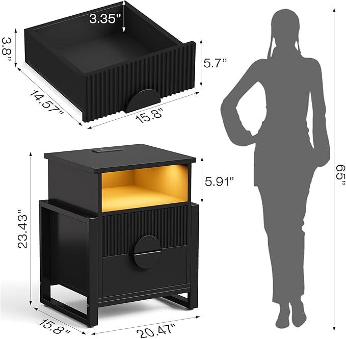 LGHM Large Fluted Nightstand with Charger Station Lights,20.47" W Night Stand with 2 Drawers,Accent Bedside Table and End Table,Semicylinder Drawer,Stable Raised Legs,Large Compartment,Black