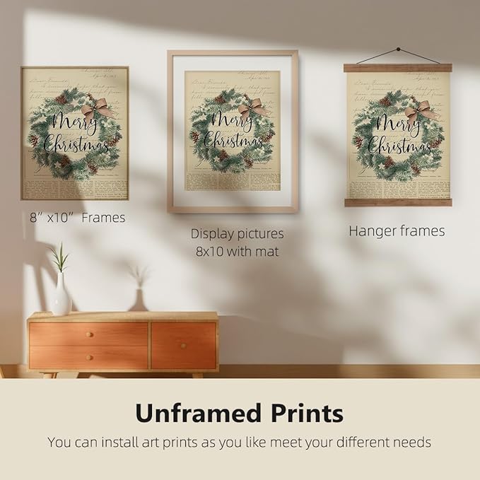 ETVISO Vintage Christmas Wall Art Prints Set of 4, Retro Merry Christmas Garland Poster, Winter Holidays Gift Print Decor, 8x10 (Unframed)
