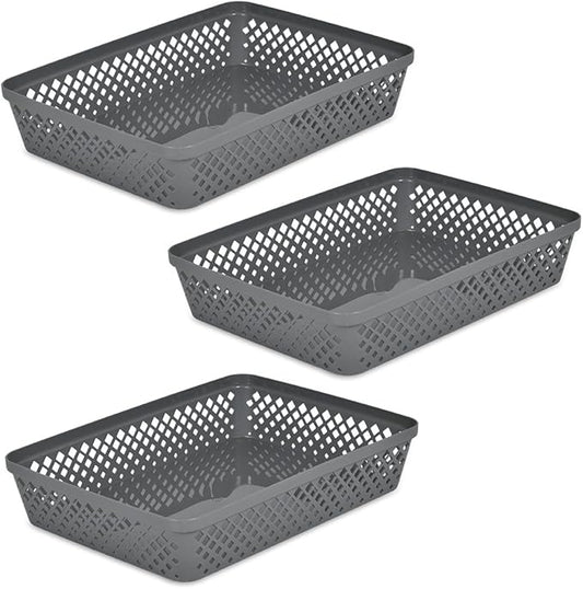 Glad Plastic Storage Basket Set - Multipurpose Drawer Trays, Kitchen Pantry Containers, and Bathroom Bins - 3 Pack Large Organizers, Grey